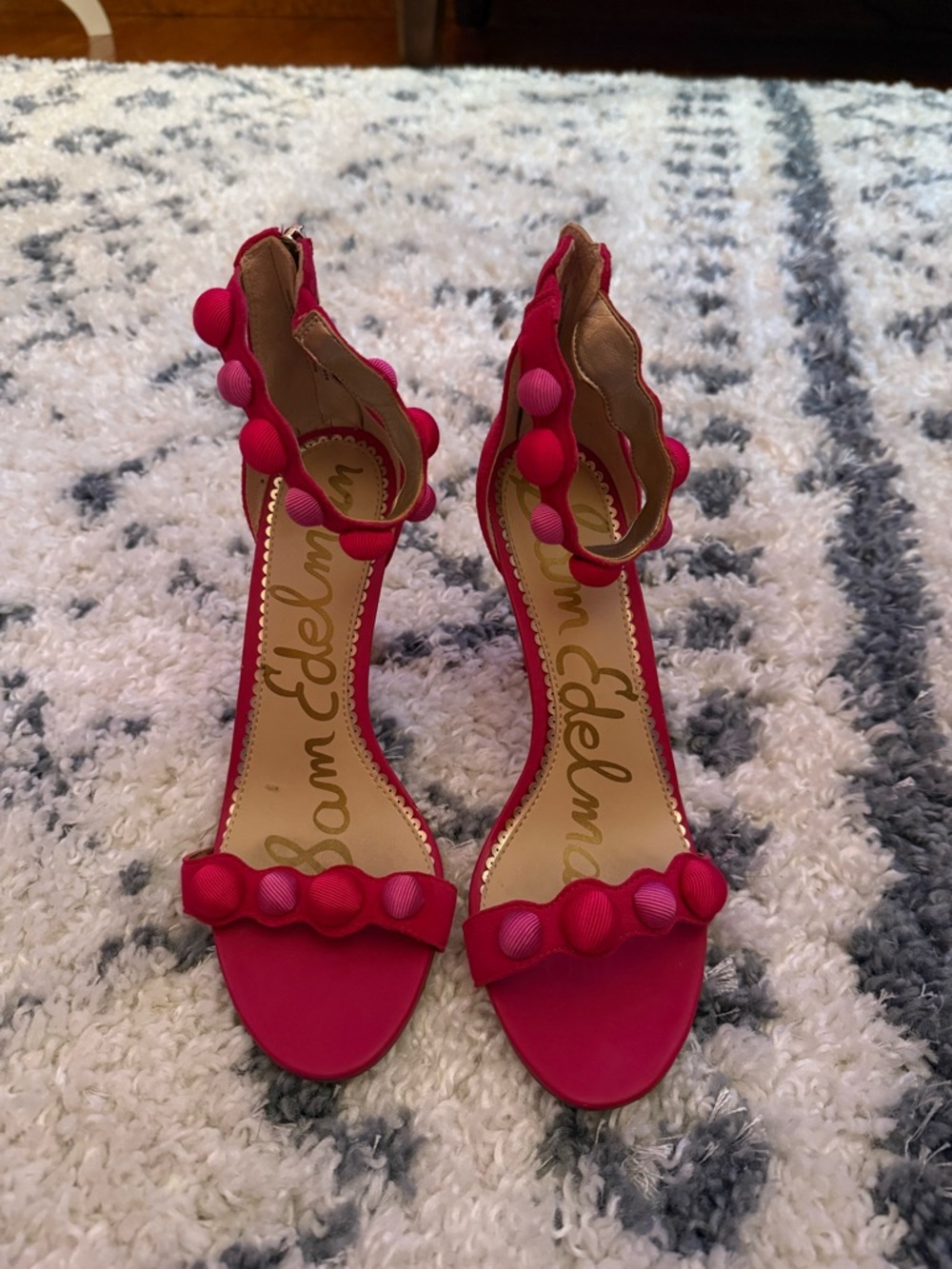Sam Edelman Hot Pink Pom-Embellished Ankle Strap Heels